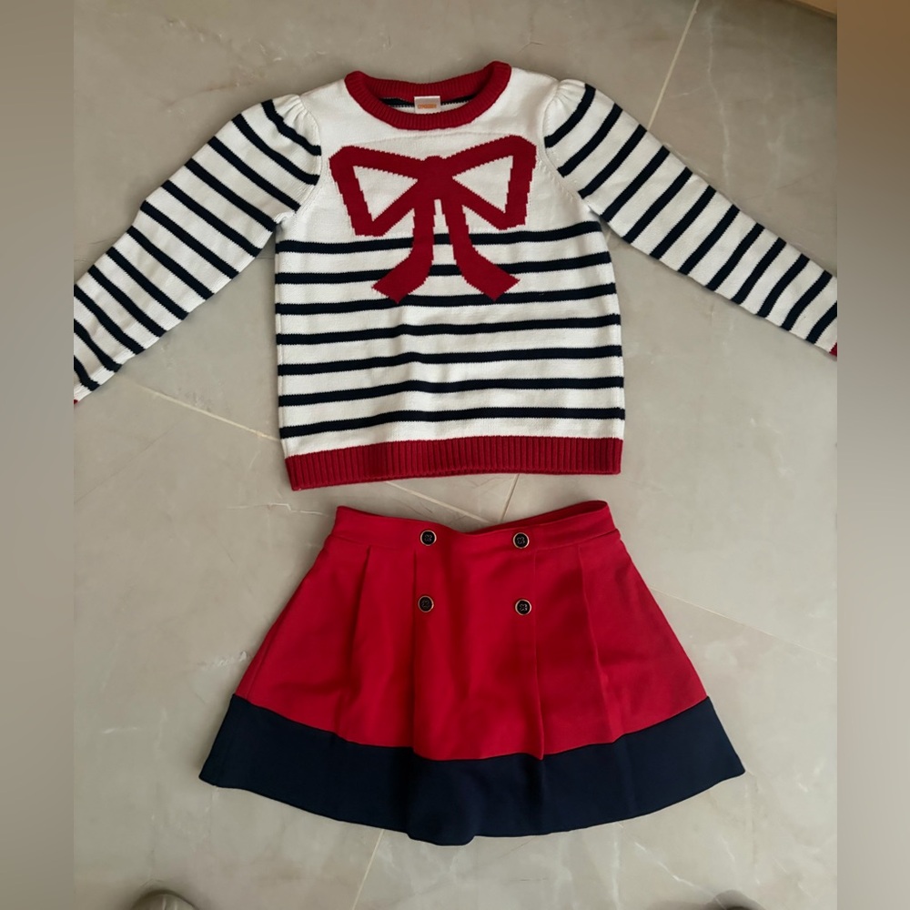 Gymboree Red, White & Navy Striped Sweater skirt Set 6